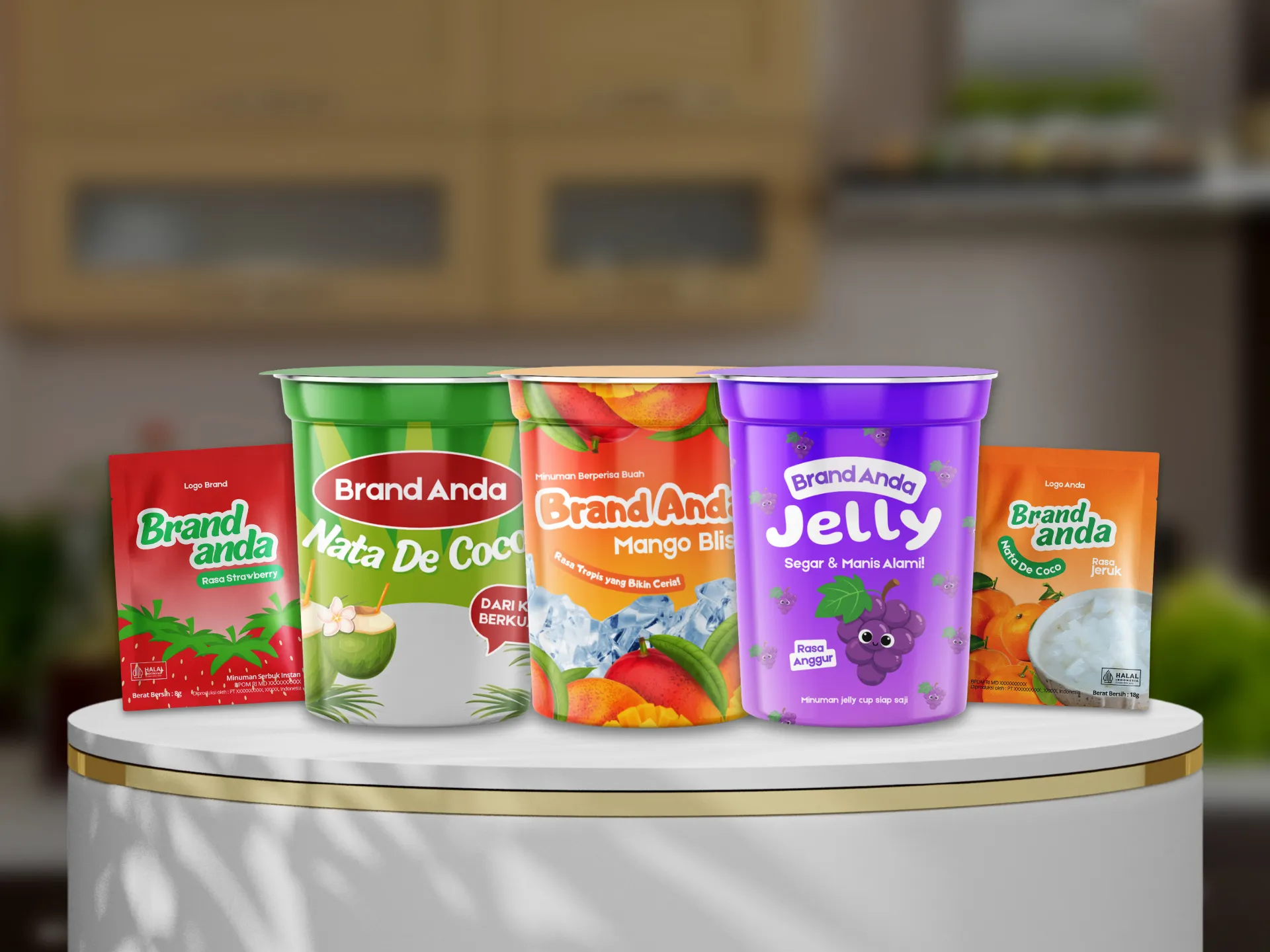 Contoh kemasan sachet dan cup untuk produk minuman